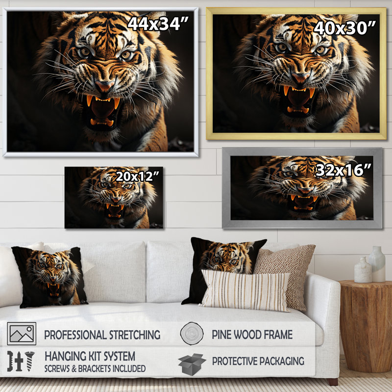 «Tiger Roaring Majesty», reproduction sur toile, H 30 po x l 40 po x P 1,5 po, Encadrement doré