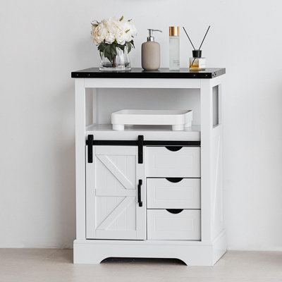 Rustic Bathroom Floor Cabinet with Sliding Barn Door & Storage Drawers, Solid Freestanding Organizer for Kitchen Living Room Bedroom