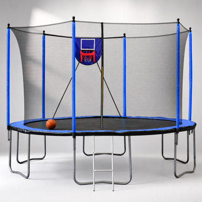 Trampoline 15 pi avec panier de basketball, gonfleur, échelle et filet de sécurité supplémentaire - bleu
