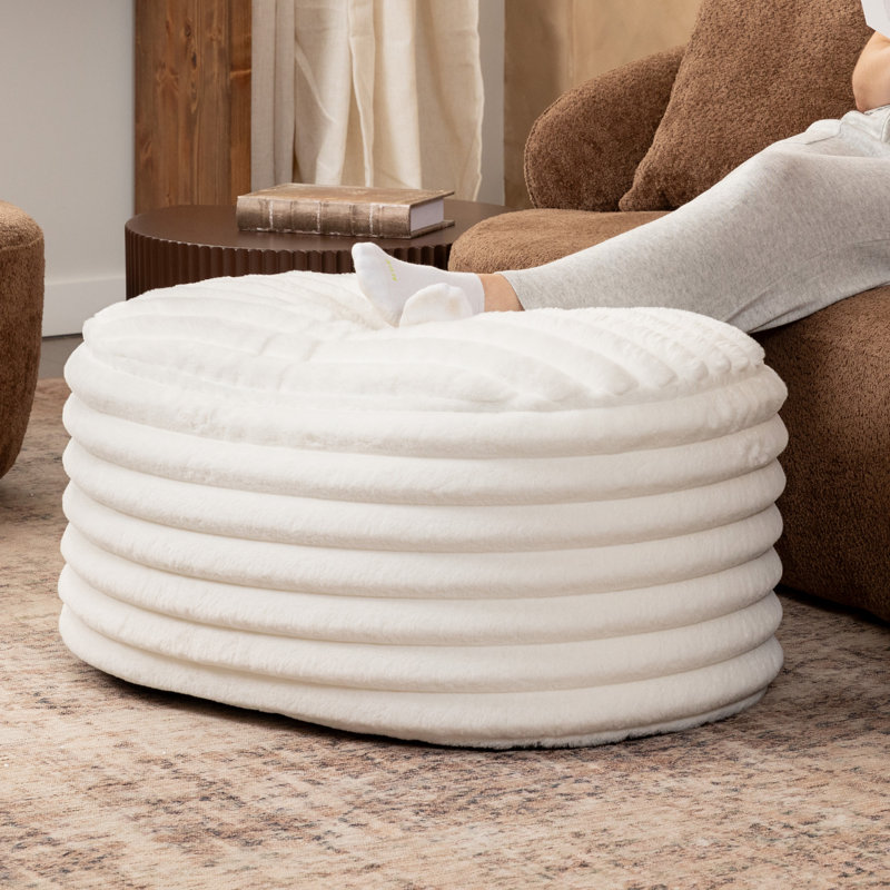 Mercer41 Paran Accent Pouf - Fluffy Faux Fur Ottoman For Modern Interior Design, 16" H x 26" W x 35" L, Ivory