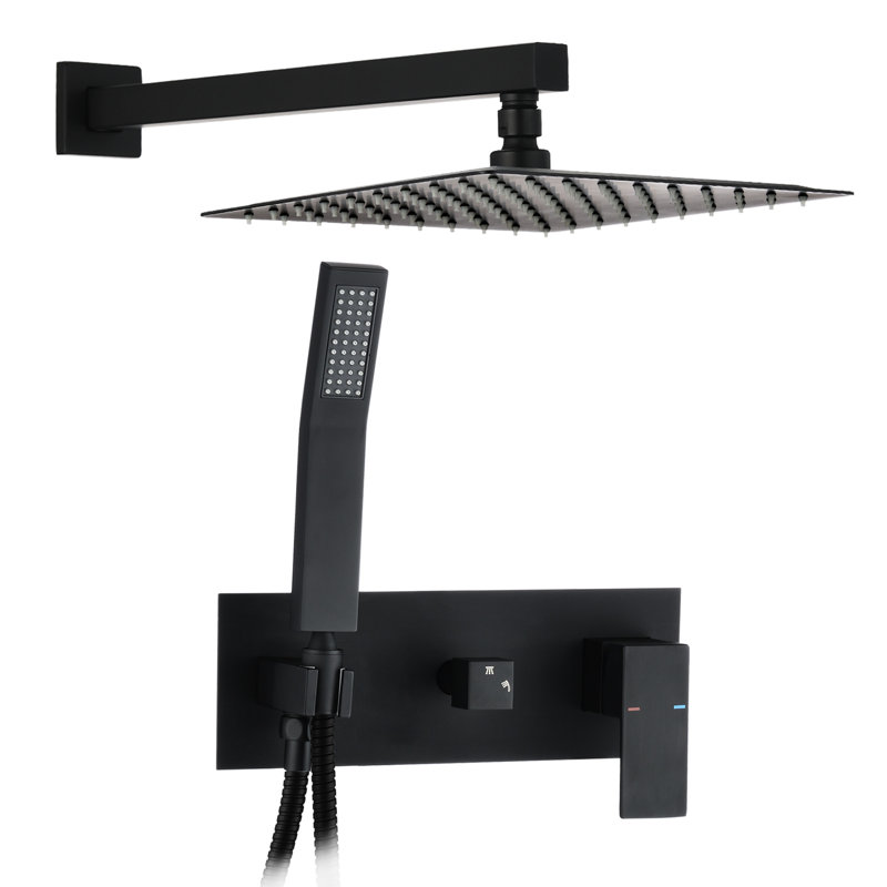 Douche murale - noir mat, pomme de pluie 10 po, main avec boyau de 59 po, débit d'eau réglable, valve à disque en céramique incluse, finition noire de salle de bain, installation facile de 10 po