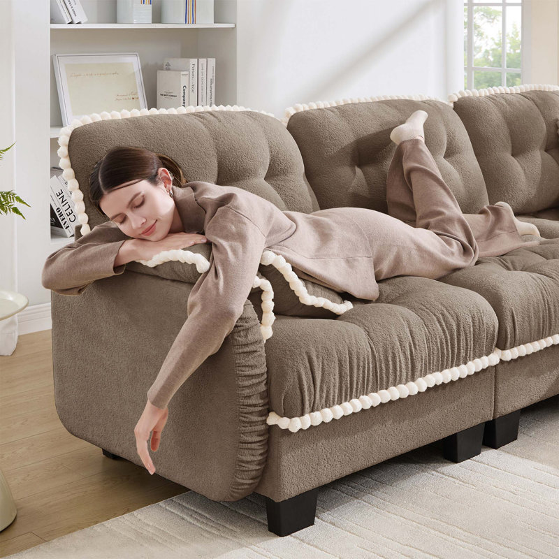 Canapé 3 places Chenille Cloud avec bordure à pompons et coussins assortis, Brown Chenille