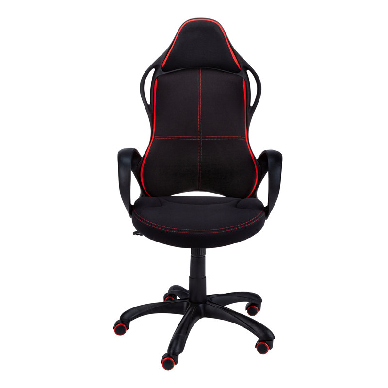 Chaise de bureau, jeux, hauteur réglable, pivotant, ergonomique, accoudoirs, bureau d'ordinateur, travail, tissu noir et rouge, métal noir, contemporain, moderne