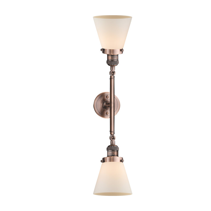 Éclairage de meuble-lavabo inclinable 2 lumières Cone, Boîtier blanc mat, Ampoule à DEL rétro de 6 watts, Cuivre antique