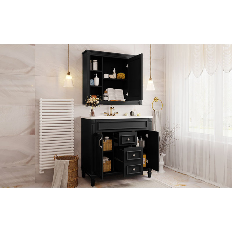 De meuble-lavabo moderne avec lavabo simple avec miroir noir, 2 portes à fermeture douce et 2 tiroirs