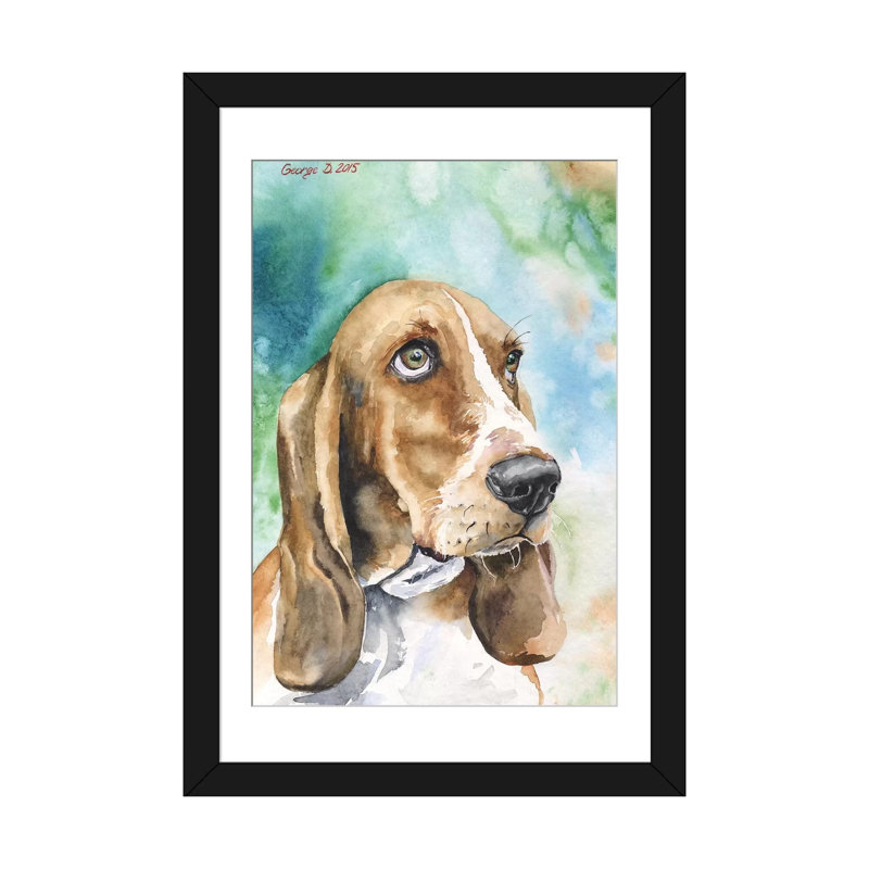 « basset i », reproduction sur toile, Papier d'art encadré noir, H 24 po x l 16 po x P 1 po, Blanc