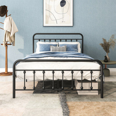 Structure de lit pleine grandeur en métal avec tête de lit - Structure ferme, aucun sommier tapissier requis, plateforme pratique à secouer, à gratter, à ressort, élément de style noir