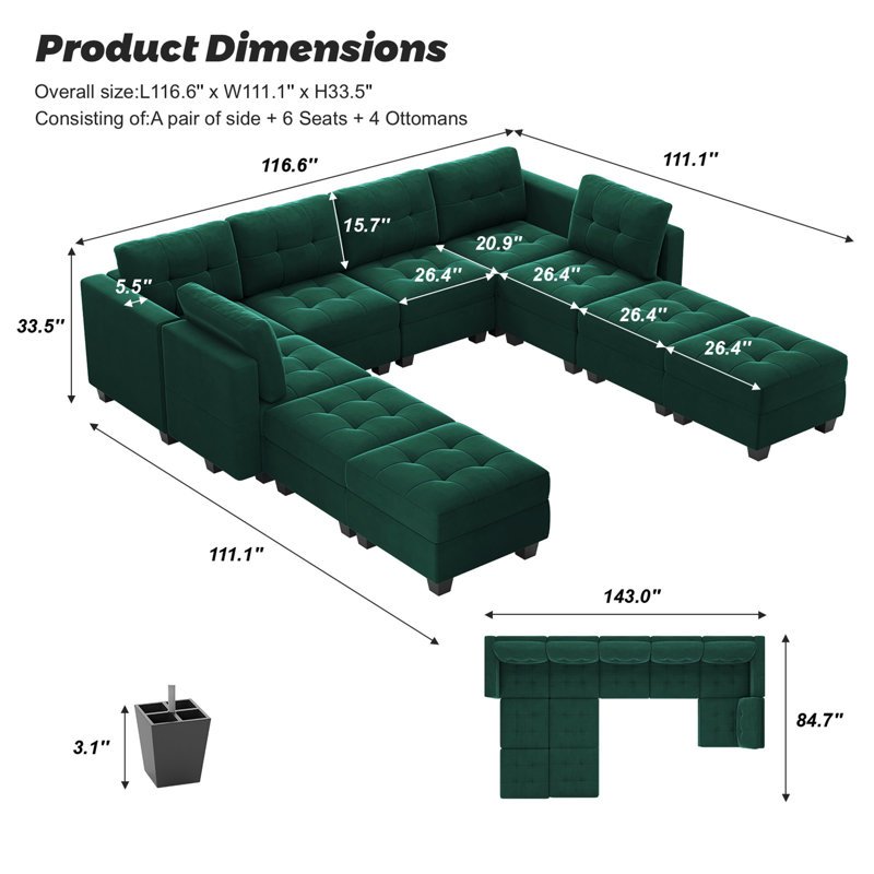 Grand canapé-lit modulaire avec rangement en velours l 116,6 po Soneson, Velours vert