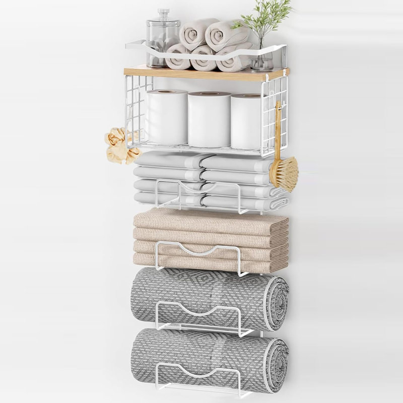 Porte-serviettes mural à 6 niveaux avec tablettes flottantes: idéal pour les serviettes de bain et les serviettes à main roulées ou pliées (métal et bois)