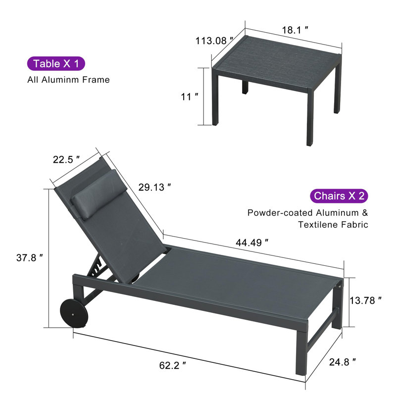 24.8" W Aluminum and Metal Reclining Outdoor Chaise Lounge Set with Wheels, Gray
