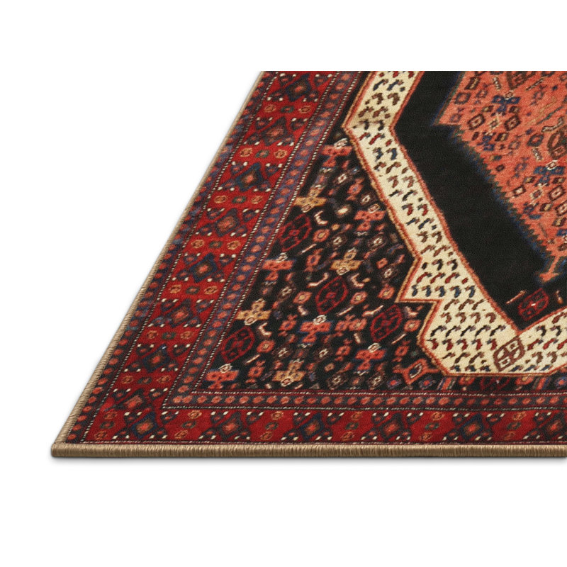 Tapis noir/ivoire/rouge traditionnel Oyama, Rectangle 3 pi x 5 pi
