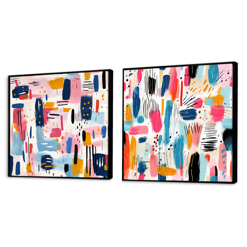 Paint Stripes Playfull Harmony - Ensemble de 2 collages carrés abstraits, Cadre flottant noir, H 36 po x l 73 po