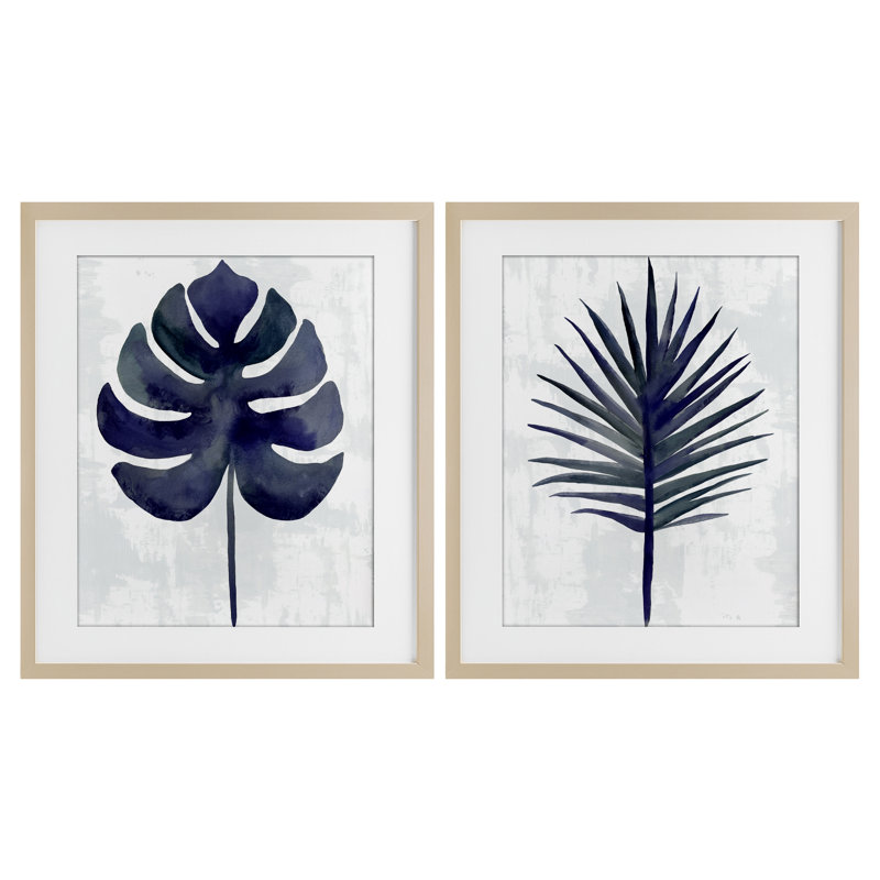 Ensemble de 2 impressions encadrées sous-verre bleu marine Monstera et palmier bleu marine, design par Christie Adams