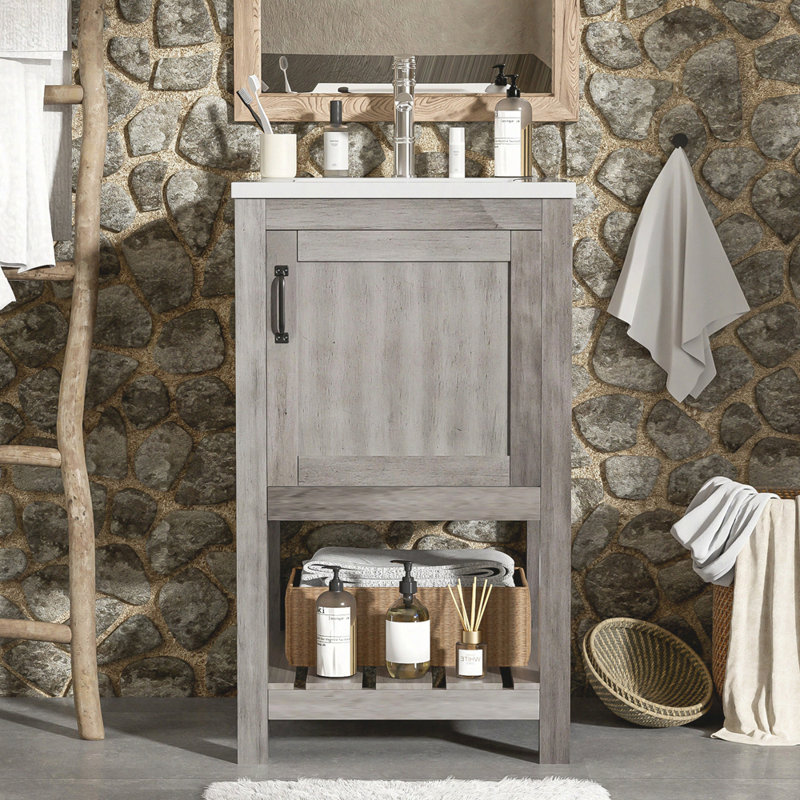 Ensemble de meuble-lavabo de salle de bain 16 po pour les petits espaces, meuble-lavabo avec lavabo rectangulaire en céramique, meuble-lavabo avec 1 porte et 1 tablette ouverte