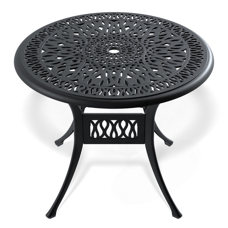 35.43-Inch Cast Aluminum Patio Dining Table With Black Frame, Umbrella Hole, And Elegant Carved Design For Outdoor Use