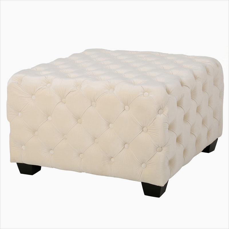 Marucs Modern Glam Velvet Ottoman with Button Tufting, Ivory Velvet