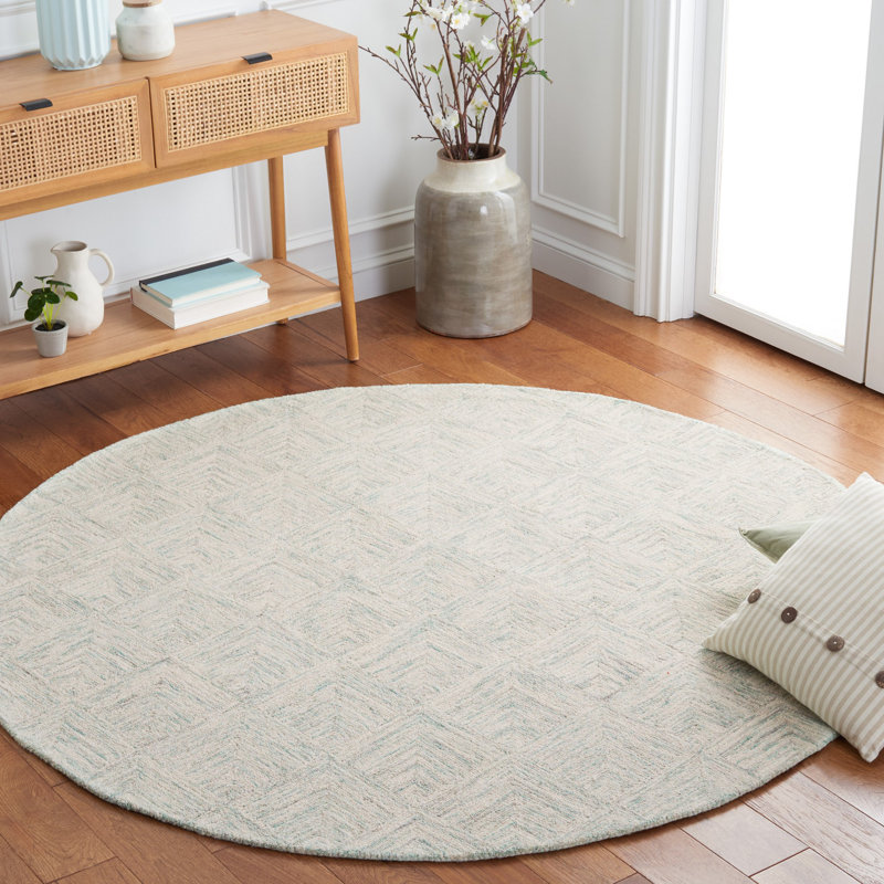 Borreri Hand Tufted Wool/Cotton Geometric Rug in Gray/Turquoise, Round 6'