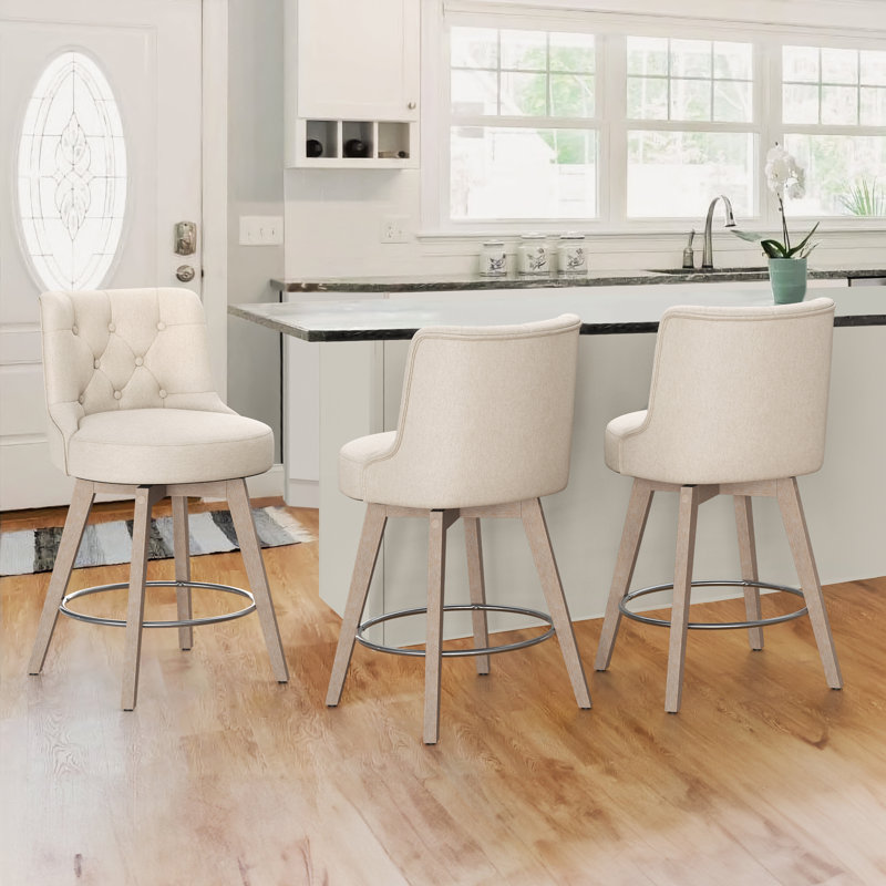 Tabouret de comptoir pivotant rembourré Arleine, 100 % lin beige, 3