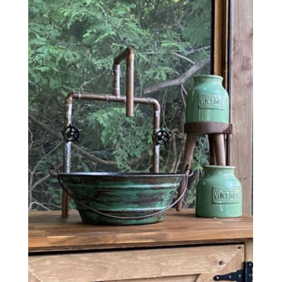 15" Copper Vessel BUCKET Bathroom Sink with Green Patina Exterior, Pop-Up Drain Included