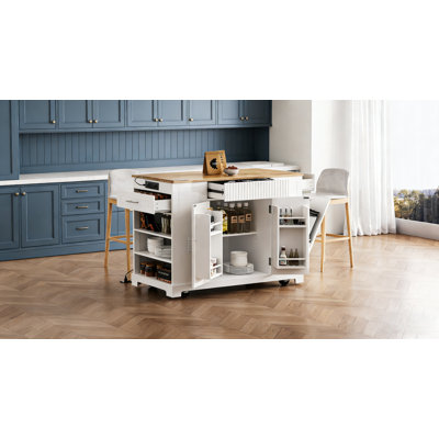 K&K Fluted Kitchen Island With Concealed Trash Can, Power Outlet, And Ample Storage On 5 Wheels, White