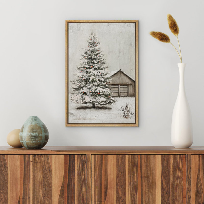 Arbre de Noël rustique enneigé, décorations rouges de vacances par une grange, décor de ferme Illustration, H 24 po x l 16 po