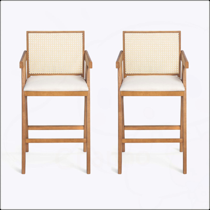 Tabouret de bar 27 po en plastique tissé crème avec dossier en mousse et structure en bois d'hévéa durable, parfait pour les cuisines et les bars modernes
