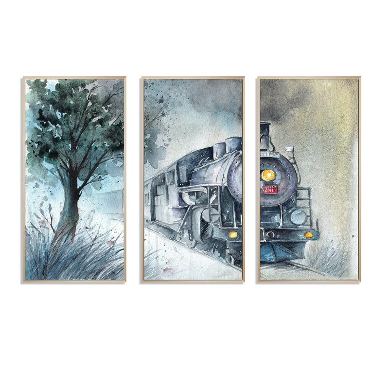 A Steam Locomotive in Winter Time - 3 pièces, reproduction d'art sur toile, H 28 po x l 36 po x P 1 po, Cadre brun