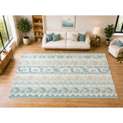 Tapis « ultra-léger » de 200 cm x 300 cm, à rayures coquillage nautile, idéal pour le salon, la chambre ou la salle à manger. Doux et à poils courts, envers antidérapant, couleur ivoire turquoise.