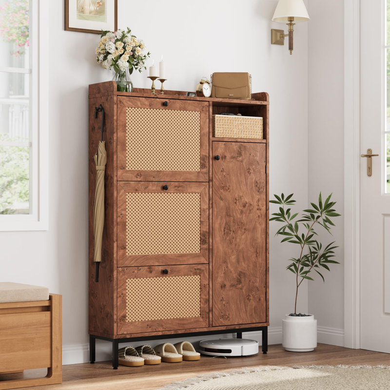Shoe Cabinet Rattan with 3 Flip Drawers and 4-Tier Shoe Storage Cabinet, Tree Pomegranate