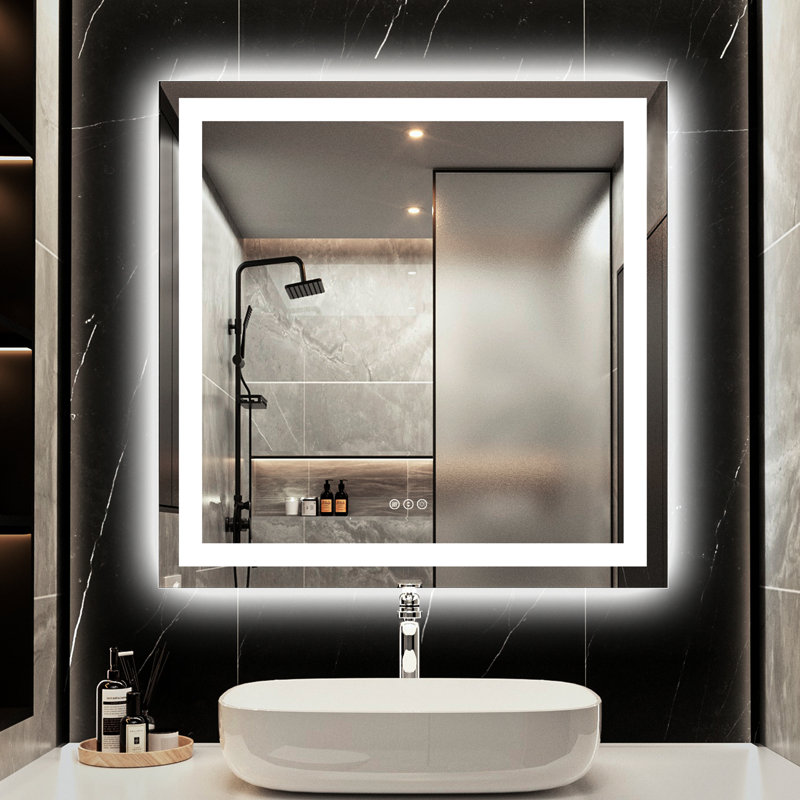 Miroir de salle de bain rectangulaire à DEL sans cadre anti-buée, 36 po x 36 po