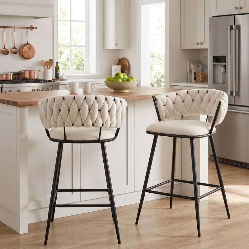 Tabouret de bar et de comptoir rembourré avec structure en métal (ensemble de 2), Ivoire ivoire