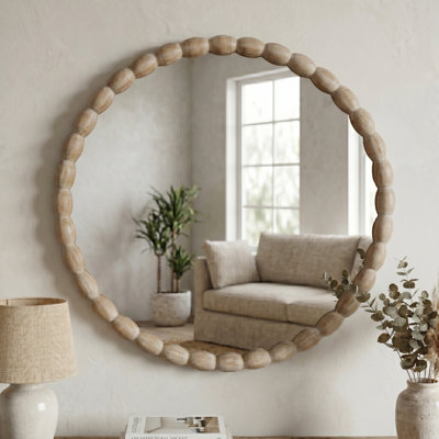 30" Round Solid Wood Decorative Wall Mirror with Carved Beaded Frame
