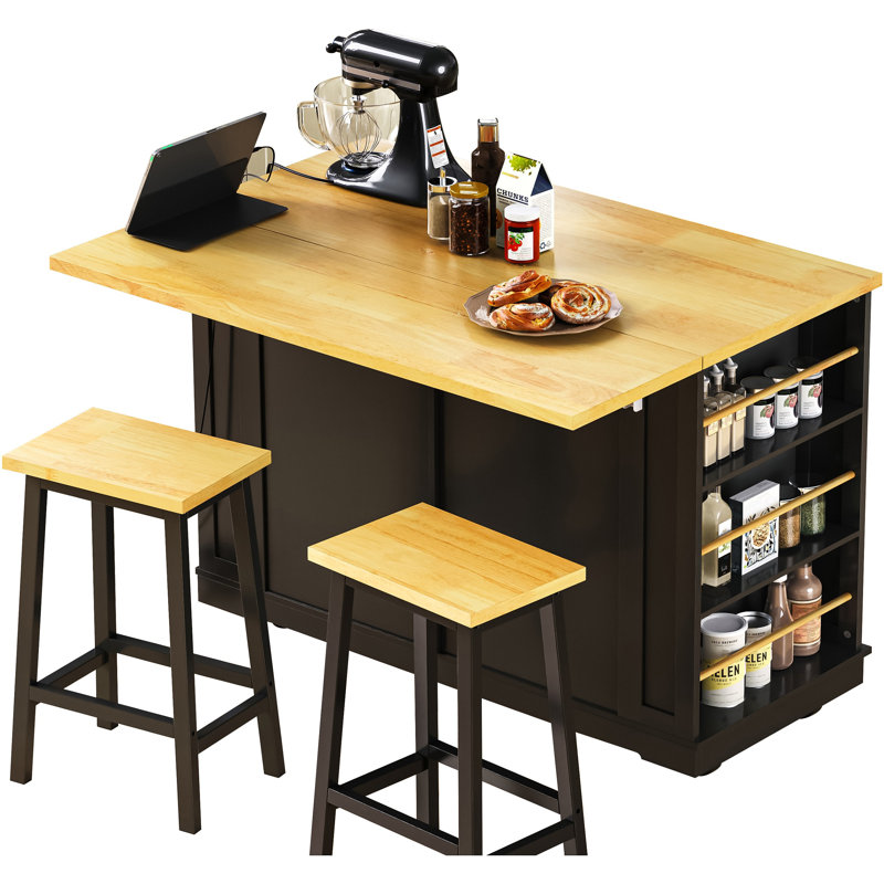 48Inch Large Kitchen Island With 2 Bar Stools, Power Outlet, Door Internal Storage Rack, Kitchen Storage Cart On 5 Wheels With Drop Leaf, 5 Open Side Racks, 2 Drawers,For Kitchen,Dining Room
