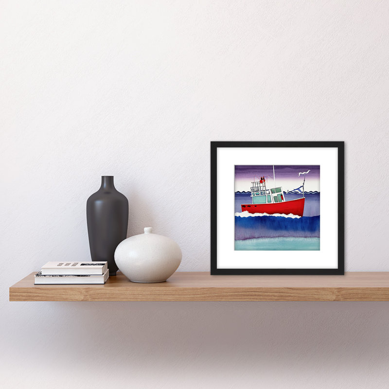 Red Fishing Boat Ocean Sea Watercolour - Single Picture Frame Print