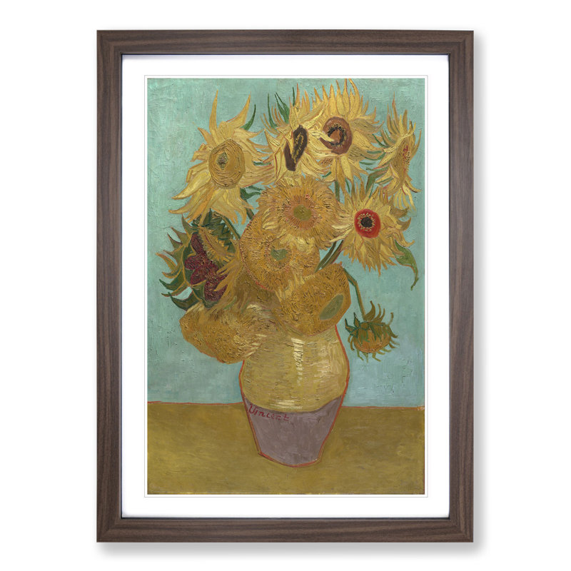 Vase with Twelve Sunflowers by Vincent Van Gogh - Picture Frame Painting, Walnut Framed, 36cm H x 27cm W x 2cm D