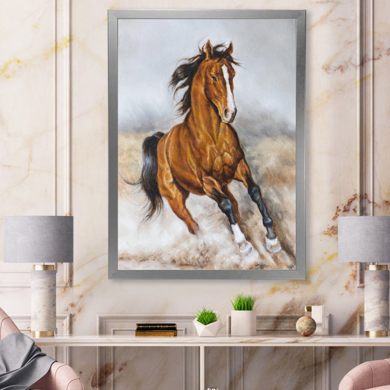 «Galpping Brown Horse on The Prairie», reproduction sur toile, H 32 po x l 16 po, Cadre photo argenté