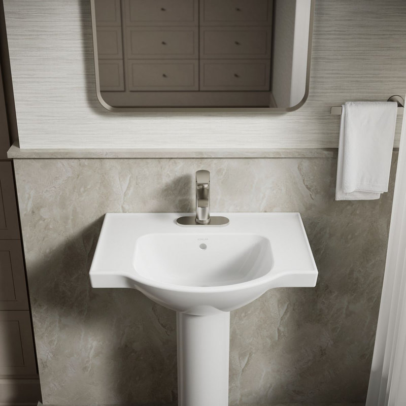 Veer Ceramic Pedestal Bathroom Sink with Overflow, White, 7.99" H x 24" L x 18.25" W, 4" Centers
