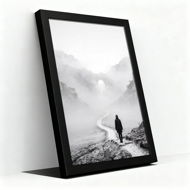 Art mural en toile noir et blanc sur le chemin de la brume, H 36 po x l 24 po