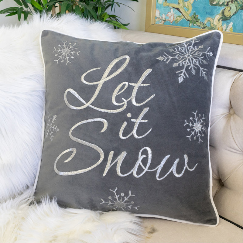 Coussin décoratif en coton brodé Let It Snow - 20 x 20 po gris avec insert