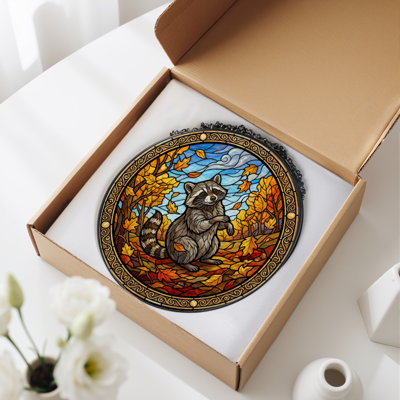 12"H Autumn Raccoon Stained Glass Window Panel