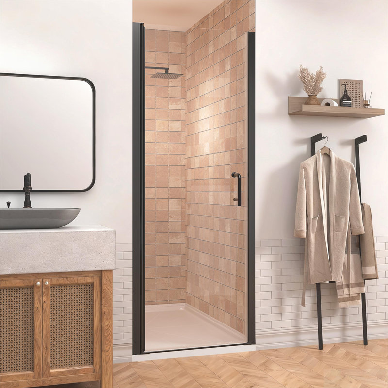 34 à 35 1/4 po X P 72 po Porte de douche pivotante sans cadre avec verre transparent H H, Noir