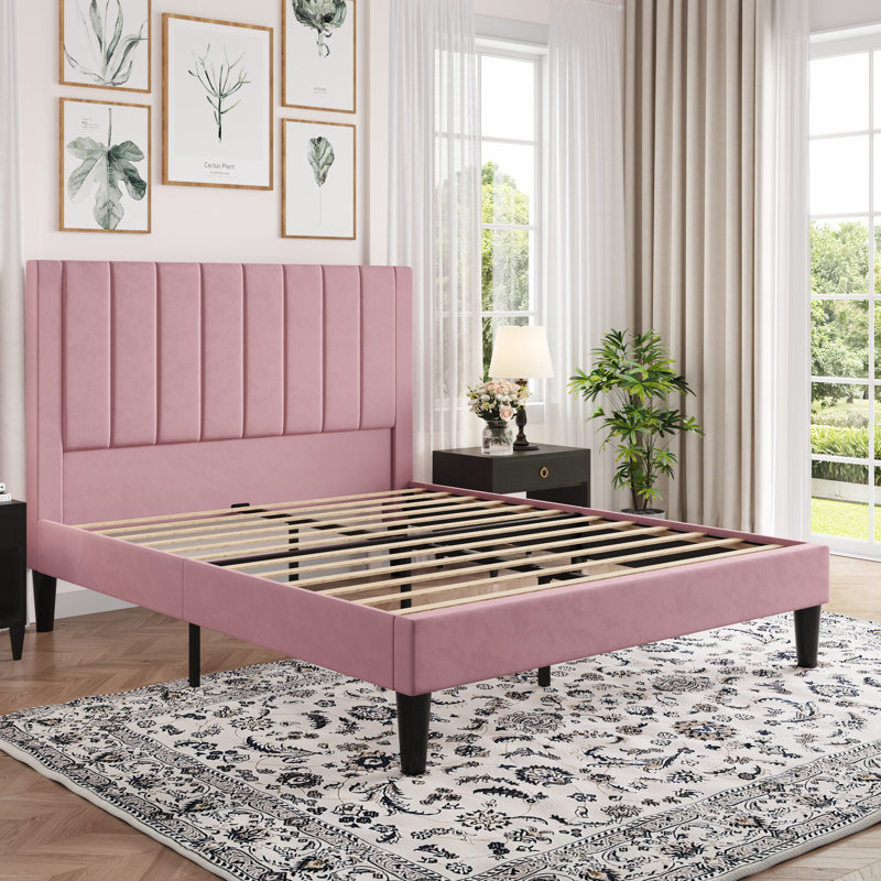 Velvet Upholstered Platform Bed With Headboard & Wooden Slats, Queen, Light Pink