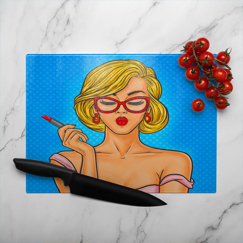 Pop art illustration woman paints her lips Designer Glass Chopping Board, 40cm L x 28cm W