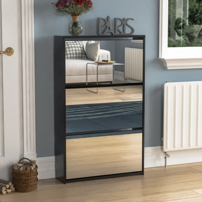 3 Drawer Mirrored Flip Down Shoe Storage Cabinet Free Standing Cabinet For Hallway