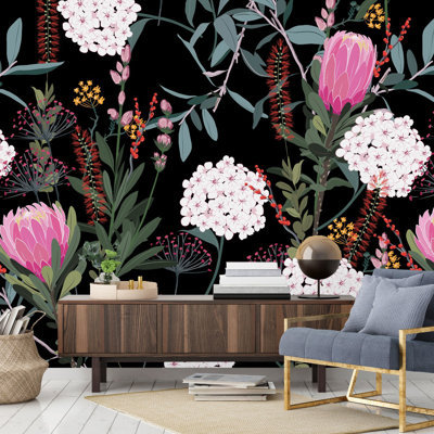 Dark Wallpaper With Pink Flowers Peel & Stick Floral Tile