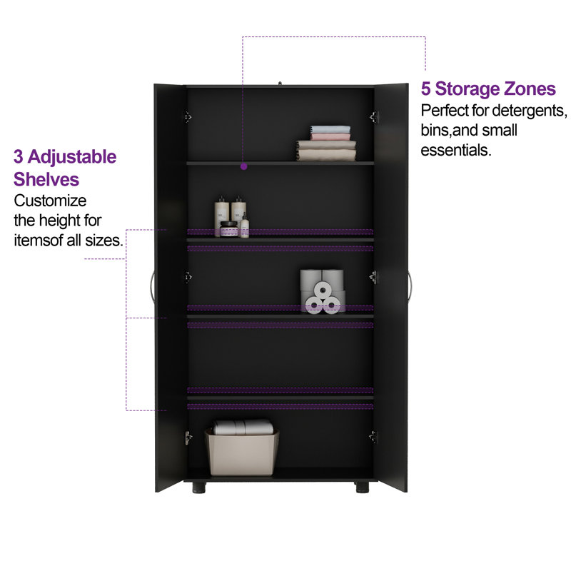 75" Extra Tall  Wood Storage Cabinet with 2 Plain Doors, SGS-Certified Anti-Tip and Adjustable Shelves, Black