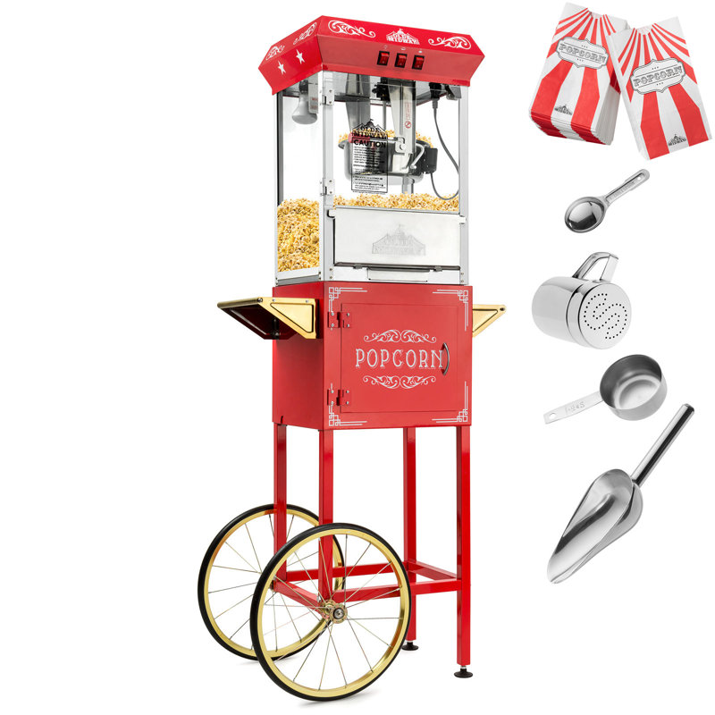 Vintage Red Popcorn Machine with Cart and 8-Ounce Kettle
