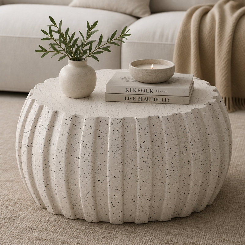 Table basse imperméable moderne 35,43 po, conception en ciment durable, compatible avec l'intérieur et l'extérieur, Blanc