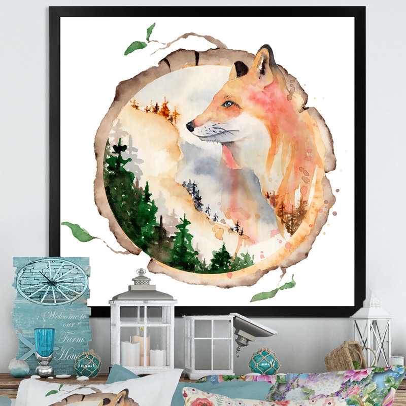 Paysage de pin et de renard en hiver - Toile traditionnelle, Cadre photo noir, H 16 po x l 16 po x P 1 po