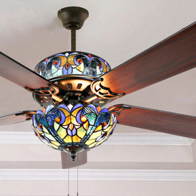 52"W Ummuhan 5 - Blade Hand-Soldered Stained Glass Ceiling Fan with Pull Chain